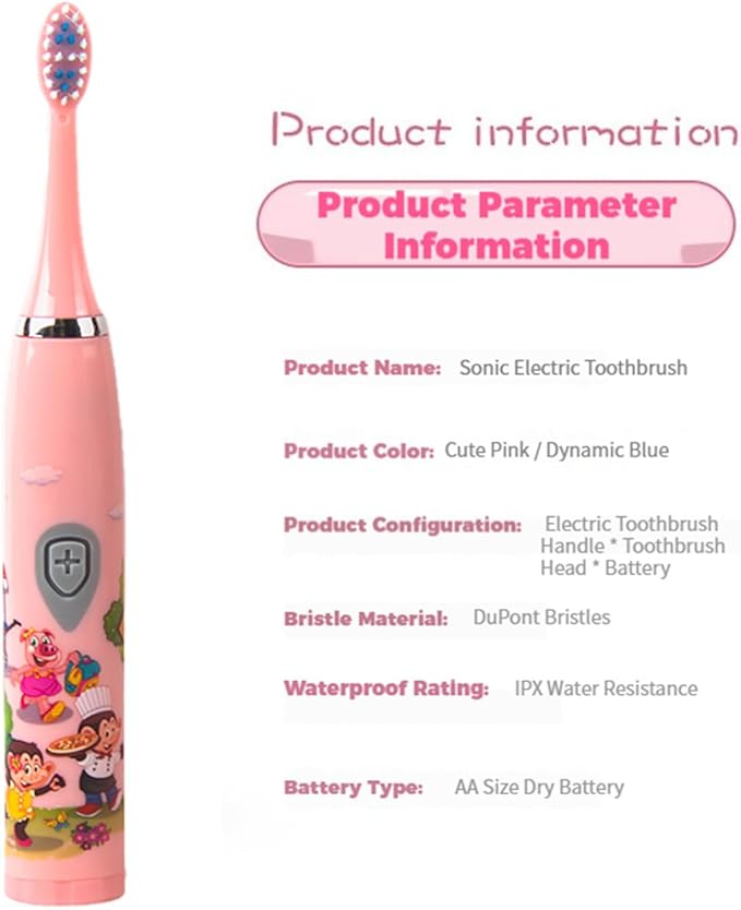 Kids Battery Powered Sonic Toothbrush with 3 Brush Heads, 1 AA Battery - Soft Bristles, IPX Waterproof, 2 Mins Timer, Blue/Pink
