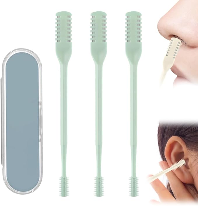 2-in-1 Manual Nose Hair Trimmer & Ear Picker, 360° Rotating Nasal Hair Cutter for Men Women, Stainless Steel Nose Hair Shaver, Portable Manual Tool, Travel Essentials (Green, 3 pcs)