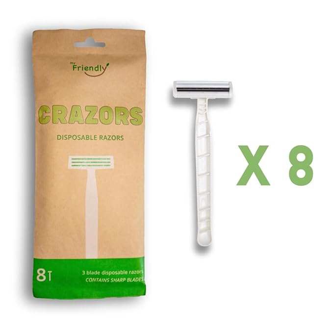 Hair Removal Crazors 3 Blades – Disposable Razors for Men/Women's Grooming – Single-Use Body & Face Shaver – Raw-Material Earth+Skin Loving Travel-Size Toiletries – 8-Pack by MyFriendly