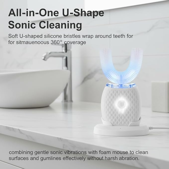 U-Shaped Electric Toothbrush for Adults, Hands-Free Auto Teeth Cleaner with 360° Ultrasonic & Foam Mousse, 4 Brush Heads, LED Light & Charging Base Kit (White)