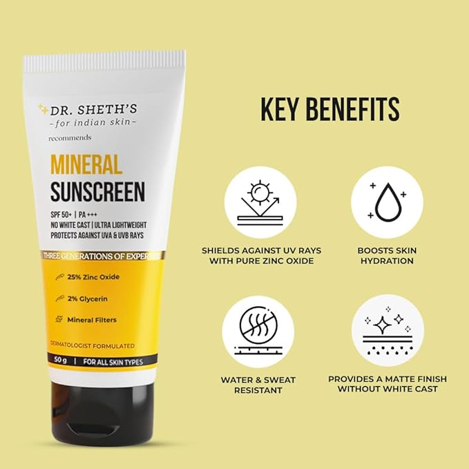 Dr. Sheth's Mineral Sunscreen SPF 50 PA+++ | Water Proof Sunscreen | Quick-absorbing | Ultra Lightweight & Non-sticky | 25% Zinc Oxide | for All Skin Types | for Women & Men | 50g