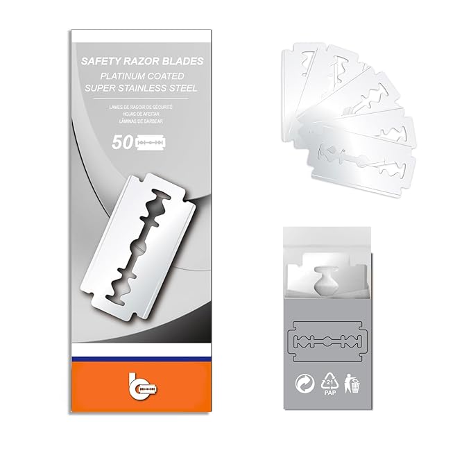 50 Count Safety Razor Blades, Platinum Coated Swedish Stainless Steel Double Edge Razor Blades for Men and Women Shaving, Fits All Standard Double Edge Razors, Smooth, Comfortable, Clean Shave