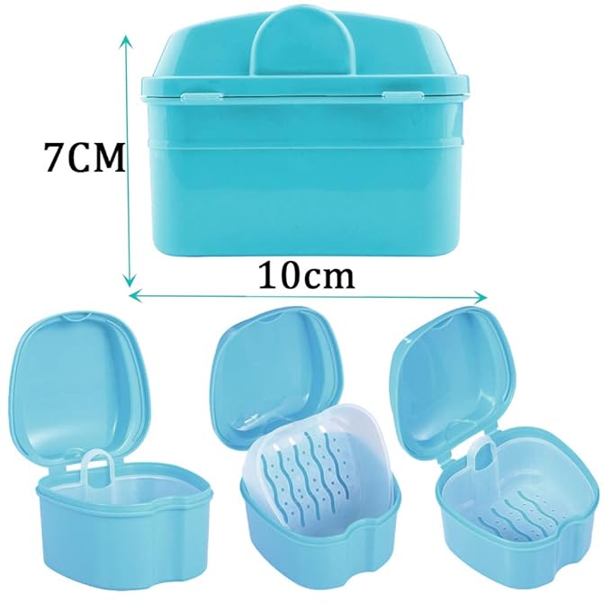 THINKPRICE Denture Bath Box Cup, Complete Clean Care for Dentures, Clear Braces, Mouth Guard, Night Guard & Retainers, Traveling (Navy Blue & Blue)