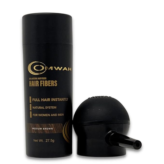 OMWAH Hair Fibers for Thinning Hair Men - 2-in-1 Kit 27.5g, Hair Building Fibers & Spray Applicator, Natural Thick Hair Filler, Conceals Hair Loss (Medium Brown, 27.5g)