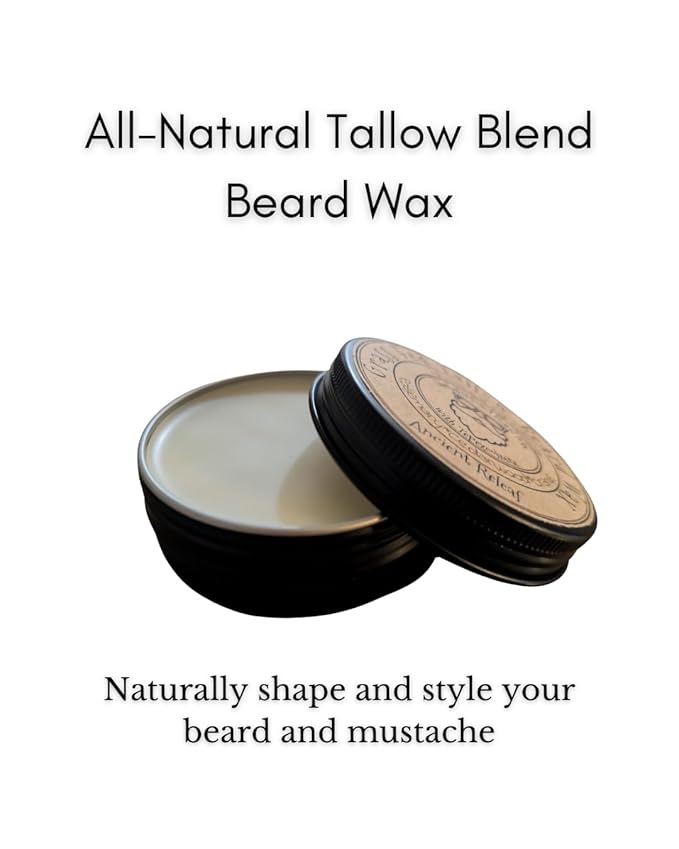 Ancient Releaf Grass-Fed Beef Tallow Beard Wax with Tepezcohuite, All-Natural, Shaping, Sculpting, Mustache and Beard, Natural Hold, Grooming for Men 2oz. Tin