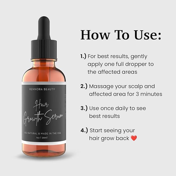 Rennora Hair Growth Serum with Organic Herbs and Natural Vitamins, Peppermint Oil, Stinging Nettle, and Rosemary Oil, No Chemicals, Formulated for Hair Regrowth (1 Pack - 30 Day Supply)