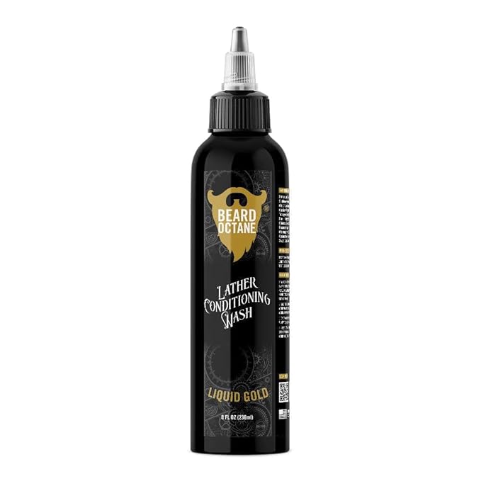 Beard Octane: Liquid Gold Beard Wash - 8 oz Beard Shampoo - Cleans & Moisturizes w/Shea & Jojoba - Softer Beards - Made in USA