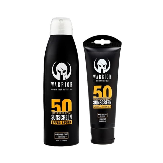 WARRIOR - WIN YOUR BATTLES - SPF 50 Sunscreen Lotion - 80 Minutes Water Resistant | SPF 50 Continuous Spray - Broad Spectrum Protection for UVA/UVB - Quick Dry Effective Formula | 3 Oz & 6 Oz