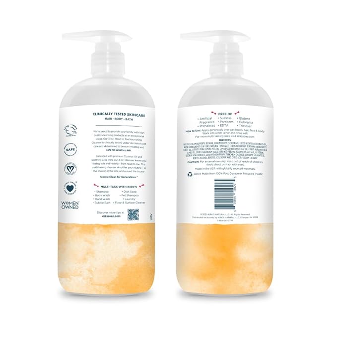 Kirk's 3-in-1 Head to Toe Nourishing Liquid Cleanser- for Men, Women & Children - Premium Coconut Oil & Aloe Vera- Non GMO & Vegan - Citrus Twist - 32 Fl Oz. - 2 Pack