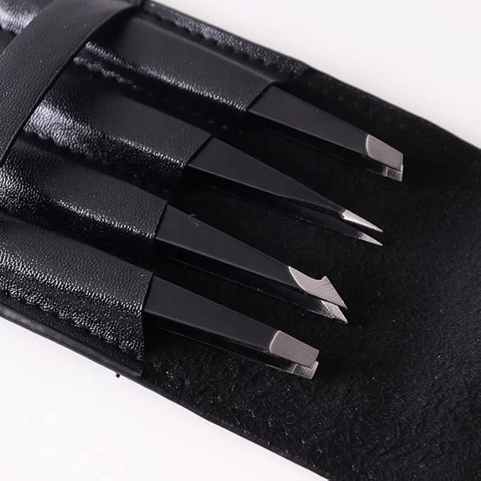 Eyebrow Tweezer Set for Women & Men - Professional Slant and Pointed Tweezers Set with Case - Precision Tweezers Kit for Facial Hair, Splinter and Ingrown Hair Removal (Black 4 piece)