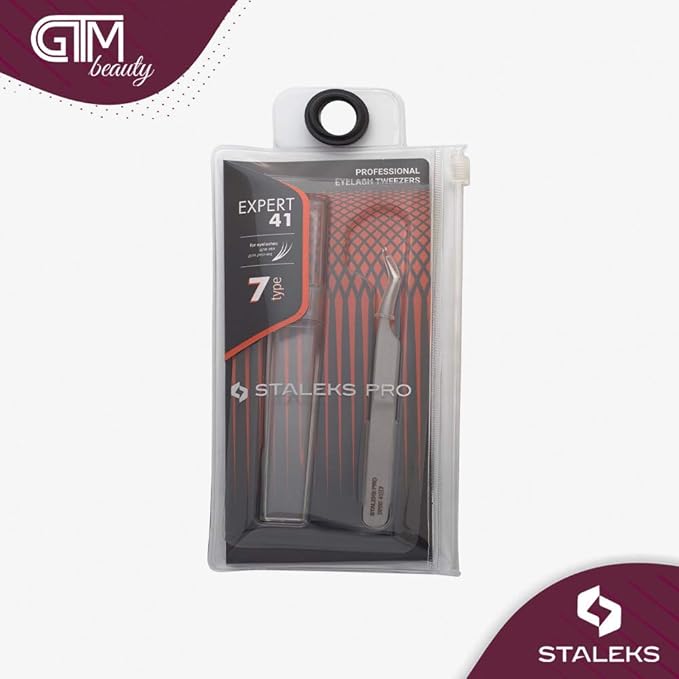 STALEKS PRO Expert 41 Type 7 Professional Eyelash Tweezers (L-Shaped 30°) – Stainless Steel for 2D-8D Volume & Extended Reach Lash Extensions
