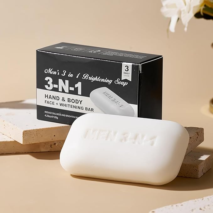 3 in 1 Men's Bar Soap, Natural Herb-Infused Scent, Moisture-Rich pH Balanced Cleanser for Face Body Hand, Hypoallergenic Vegan Whitening Soap for All Skin Types(4.23oz, 4-Pack)