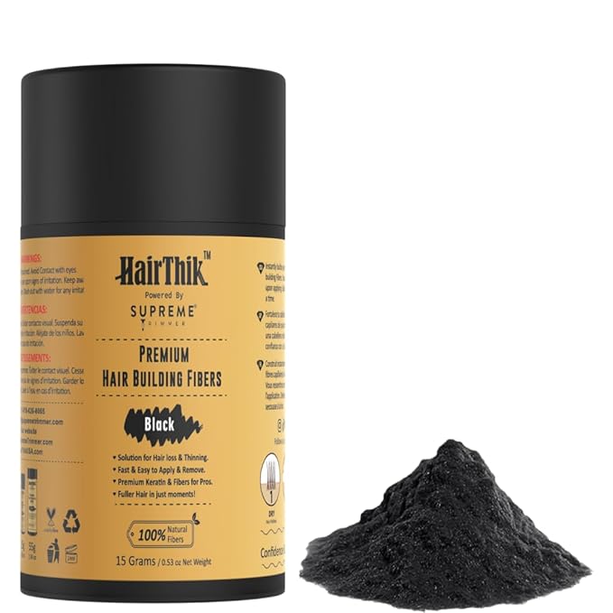 Supreme Trimmer Hair Building Fibers - Instantly Fill in Fine or Thinning Hair for Thicker, Natural, Fuller-Looking Hair for Men & Women – Hair Thinning & Balding Solution | Black, 15 Grams