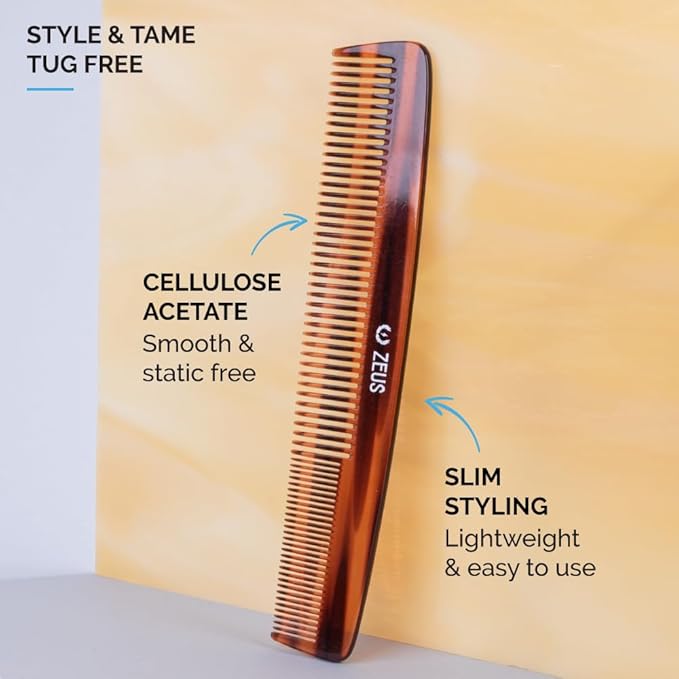 ZEUS 7.5” Large Beard & Mustache Comb, Handmade Saw-Cut Comb for Men’s Grooming, Anti-Static, Ultra-Smooth Finish for Snag-Free Styling (Tortoiseshell) C12