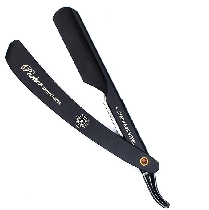 Parker PTABK Adjustable Stainless-Steel Barber Razor | 3 Blade Exposures (Low/Medium/High) | Straight Shavette with 5 Premium Platinum Refills | Black Stainless Steel Handle