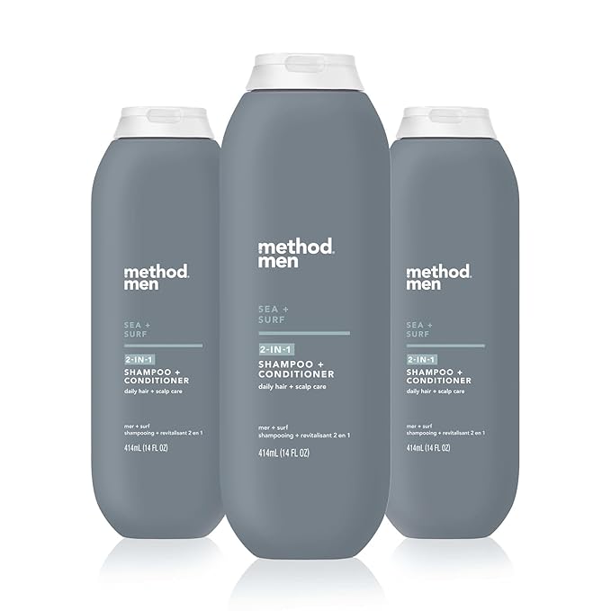 Method Men 2-in-1 Shampoo and Conditioner, Sea + Surf - Cleans and Conditions with Argan and Jojoba Oil - Paraben Free and Silicone Free - 14 Fl Oz, Pack of 3