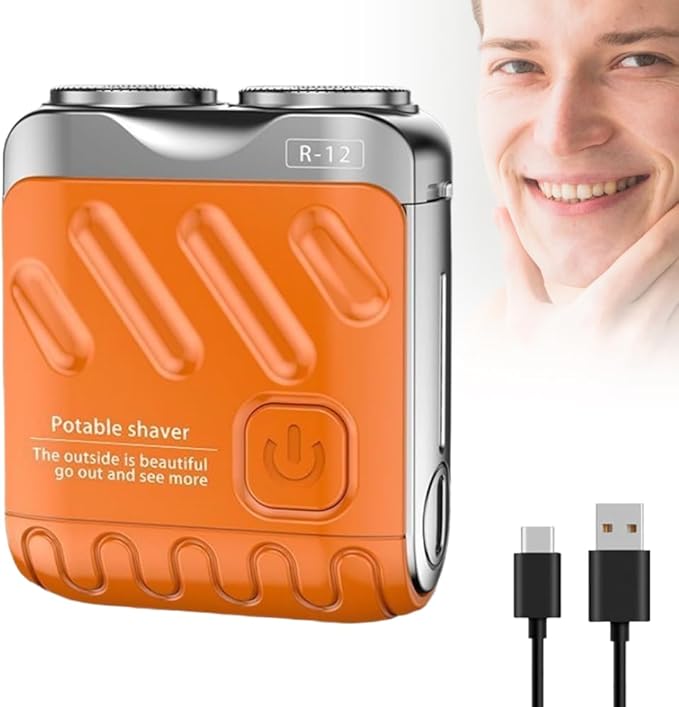 Portable Rotary Dual Ring Electric Shaver, Long Lasting Mini Rotary Dual Ring Electric Razor for Men, Compact USB Rechargeable Shaver for HomeTravel (Orange)