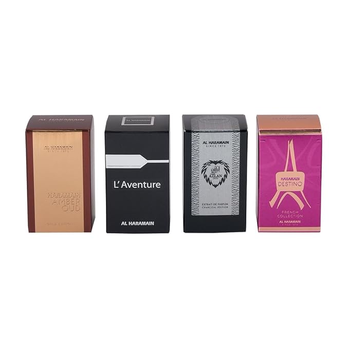 Al Haramain Fragrance Gift Set for Men & Women – 4×10ml each, (Amber Oud Gold Edition + L'aventure + Azlan Oud Charcoal Edition + Destino)
