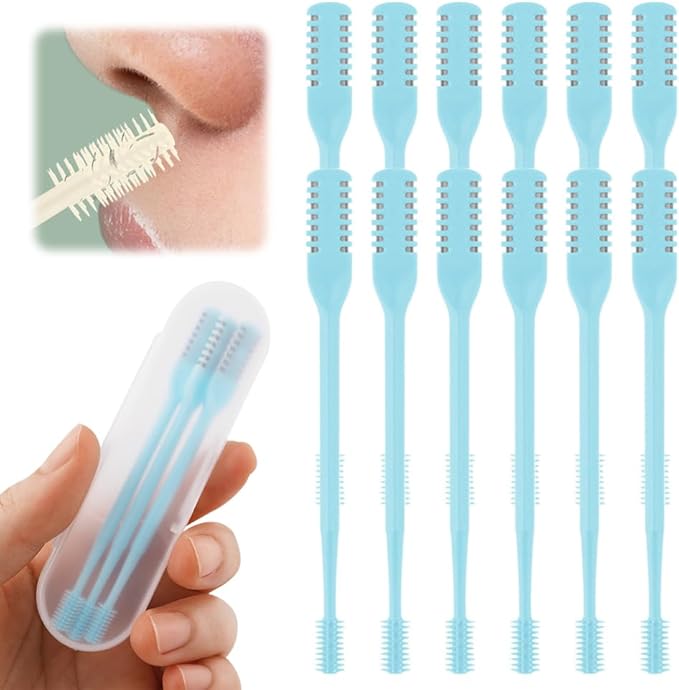 2-in-1 Nasal Hair Cutter, 2025 Upgrade 360° Rotating Nose Hair Trimmer with Double-Sided Blade & Ear Pick, Manual Nostril Hair Removal Tool for Men and Women, Soft Cleaning Brush (Blue, 12PCS)