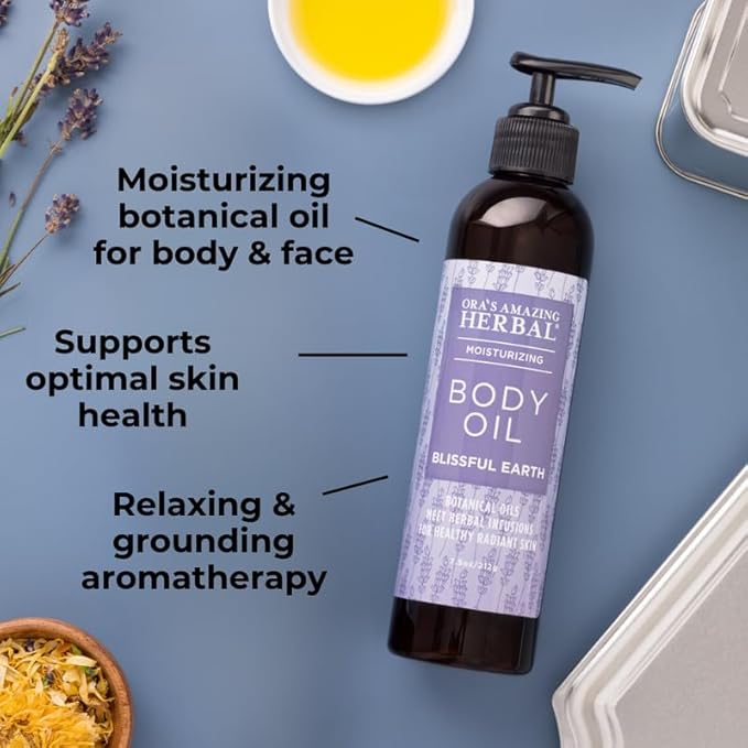 Ora's Amazing Herbal Moisturizing Lavender Body Oil for Women and Men, Nourishing Oil for Dry Skin, Relaxation, Massage Oil, Blissful Earth Scent, 2 oz, Travel Size with Pump