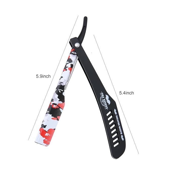 Professional Straight Razor Holder for Barbers – Folding Shaving Razor Handle, Stainless Steel Blade Compatible, for Barber Shop & Home Grooming (Black Red)