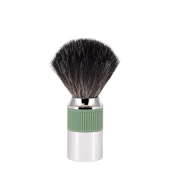 MÜHLE NEO shaving brush | Vegan Shave Brush for Shaving soaps and creams | sustainable eco-friendly and reusable | exfoliating shaving brush | chrome with sage green silicone grip handle