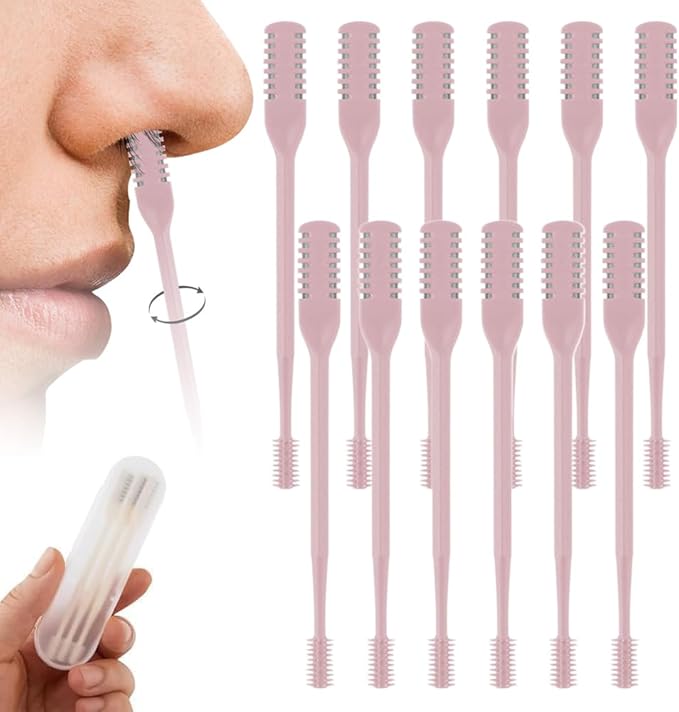 2-in-1 Nasal Hair Cutter, 2025 Professional Nose Hair Trimmer with 360° Rotation & Ear Picker, Dual-Blade Manual Nasal Grooming Tool with Soft Cleaning Brush for Men and Women (Pink, 12 PCS)
