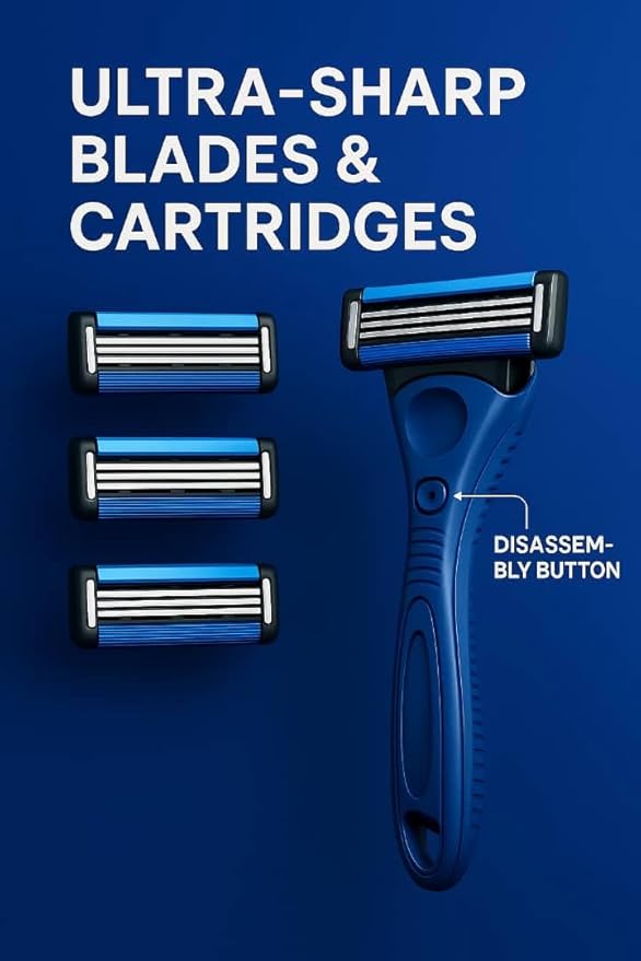 Men’s Razor System – Pivoting Triple-Blade Handle with Aloe Lubricating Strip, Nano-Coated Blades, Anti-Slip Grip + 4 Replacement Cartridges