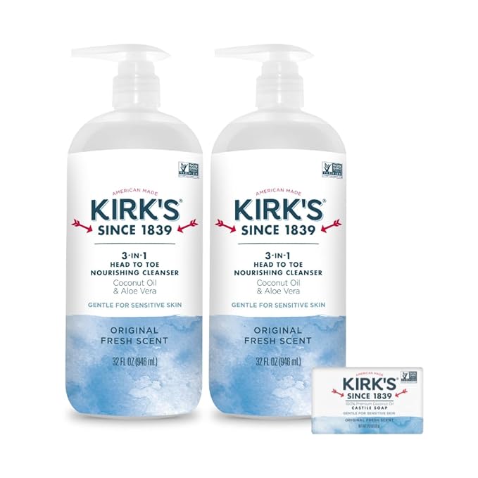 Kirk's 3-in-1 Head to Toe Nourishing Liquid Cleanser & Travel Size Bar Soap - for Men, Women & Children - Premium Coconut Oil and Aloe Vera- Non GMO & Vegan -Original Fresh Scent - 32 Fl Oz. 2 pack