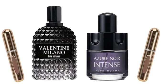 VALENTINE MILANO and AZURE NOIR INTENSE Cologne for Men Combo Pack Eau de Toilette Fragrance 3.4oz/100ml, Natural Spray, Long Lasting (2-Pack) Plus 2 Refillable 5ml Travel Spray