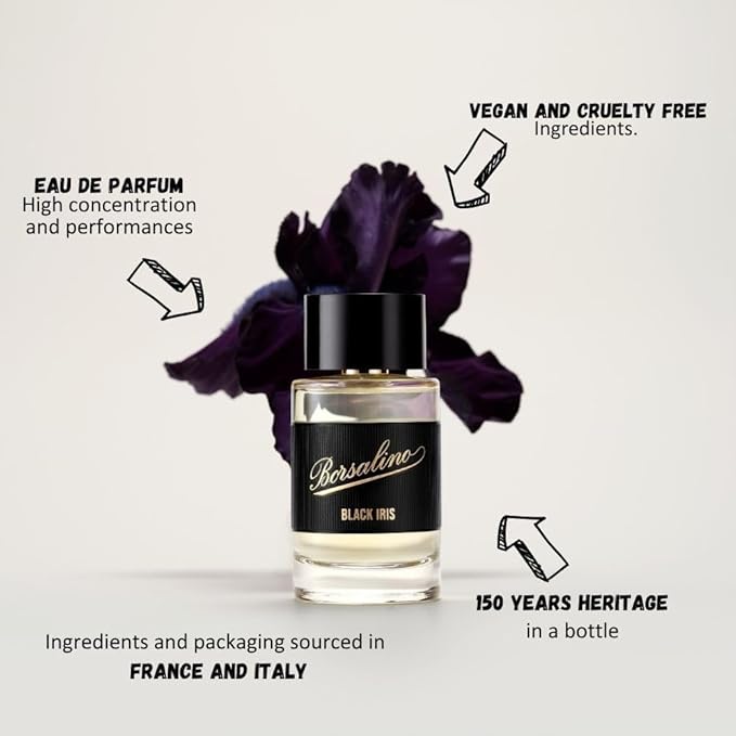 Borsalino Black Iris Cologne for Men – Eau de Parfum – Long-Lasting Fresh Woody Amber Perfume with Bergamot & Amberwood – French Luxury Fragrance – Popular Gift for Men