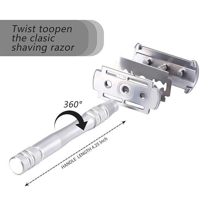Men's and Women's Manual Razor Safety Razor with 10 Double Edge Blades, Double Edge Razor, Eco-Friendly, Smooth Close Shave, Plastic-Free, Easy to Carry for Traveling at Home (Silver)