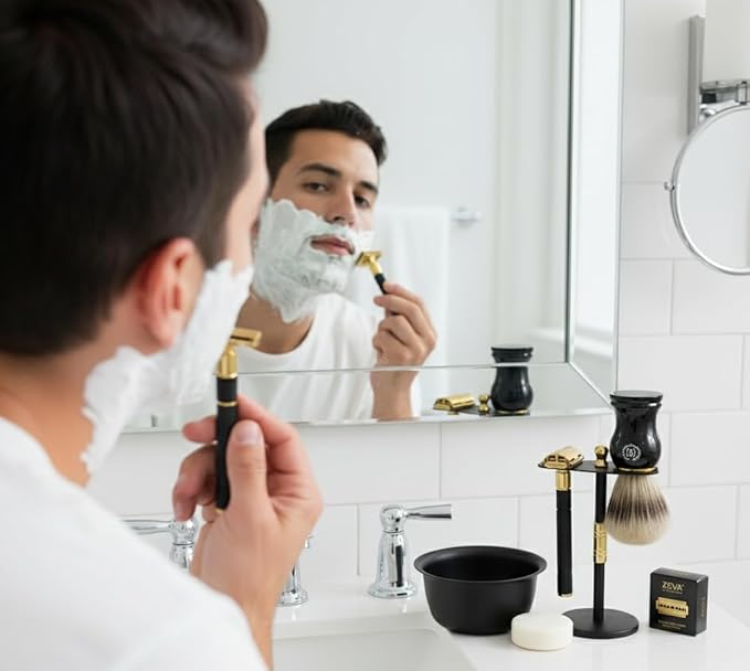 Men Safety Razor Vintage Shaving Gift Set | Butterfly Open DE Safety Razor, Stainless Steel Stand & Bowl, Natural Brush & 10 Blades Black Matte Finish Holiday Gift Idea