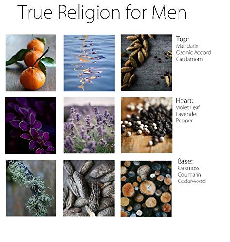 True Religion by for Men. Eau De Toilette Spray - 100 ml / 3.4 Fl Oz - woody fougere - mandarin, ozone, aqua, cardamom, violet leaf, spice, lavender, oakmoss, coumarin, cedarwood