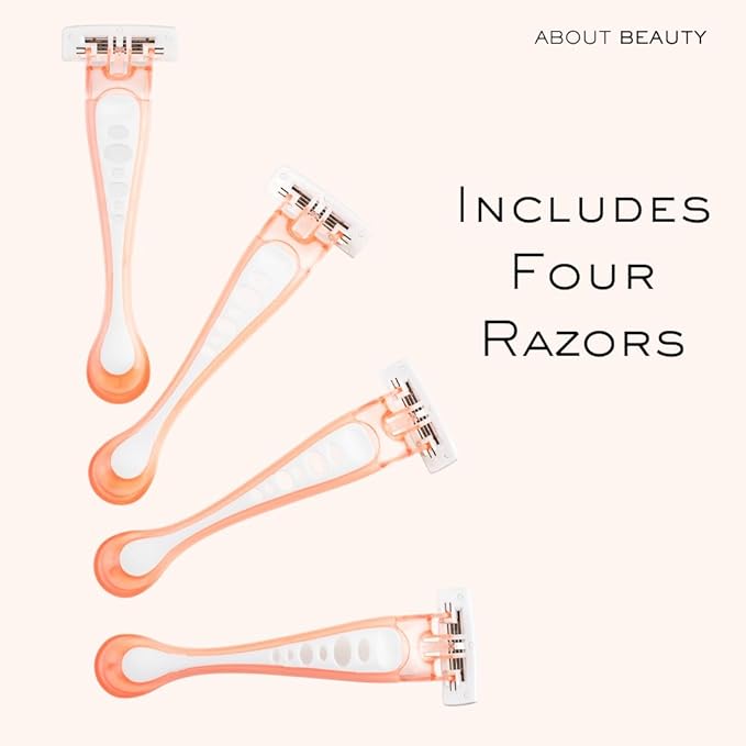 About Beauty Spa Shave 3 Blade Disposable Razors, Includes 4 Disposable Razors, Skin-Soothing Coconut Oil Moisture Pad Gently Glides Along Skin, Ergonomic Cushion Grip Handle