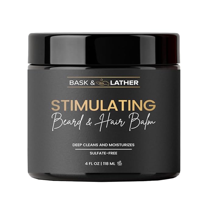 BASK & LATHER Stimulating Hair & Beard Balm, Leave-in Conditioner With Essential Oils, Mango & Shea Butter, Supports Itchy or Dry Scalp for All Types, Strengthens & Shines Beards, 4 fl oz