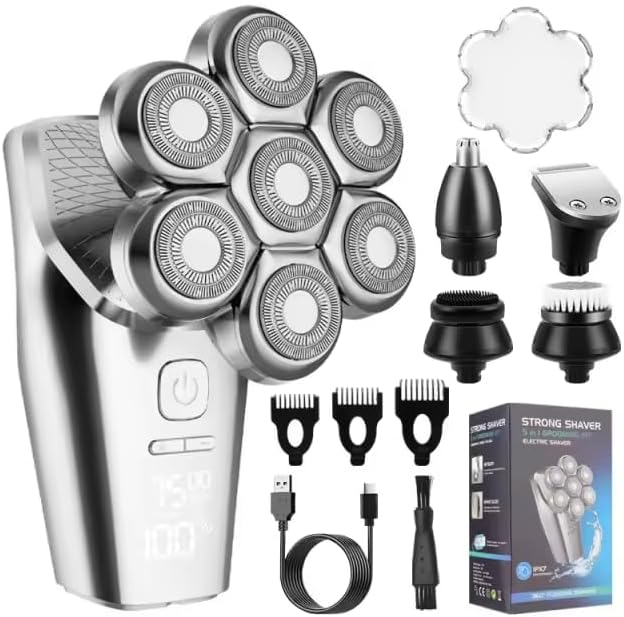 Head Shavers for Bald Men Electric Razor Detachable 7D Head Rotary Shavers, Nose Ear Face Body Hair Trimmer with Clippers IPX8 Waterproof Dry Wet Cordless Rechargeable Grooming Shaver
