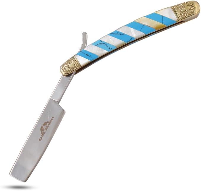 6.75" Straight Edge Razor – Stainless Steel Manual Folding Blade with Mother of Pearl Style Mosaic Handle and Engraved Brass Bolsters