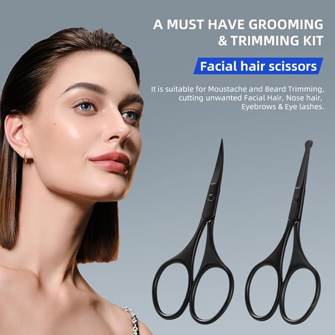 Facial Hair Small Grooming Scissors Set For Men Women Eyebrow Nose Hair Mustache Beard Eyelashes Trimming Kit Curved and Rounded Safety Tip 2PCS