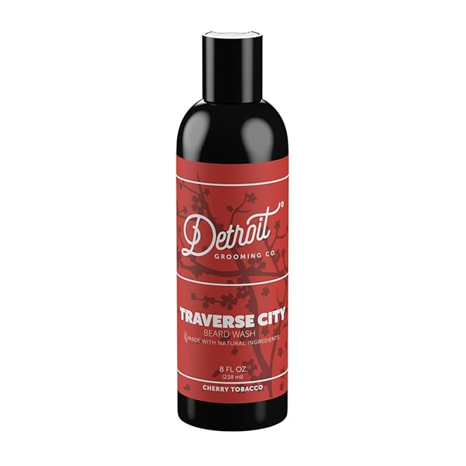 Detroit Grooming Co. Beard Wash - Men's Beard Shampoo - Deeply Cleanses & Refreshes Beards - Aloe Vera with Essential Oils - Beard & Mustache Cleanser - Cherry Tobacco Scent - Traverse City - 8oz