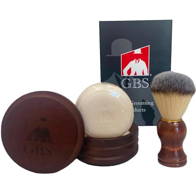 G.B.S Wooden Shaving Set, Synthetic Vegan Shaving Brush Wood Handle and Soap Bowl with All Natural Shave Soap 3IN1 Kit for Men Practical Christmas Gift for Men