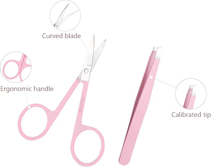 ONEUPIN 7-Piece Professional Eyebrow Grooming Kit with Razor, Tweezer, Eyelash Curler, False Eyelash Tool, Scissors, Comb - Women's Kit (Pink)