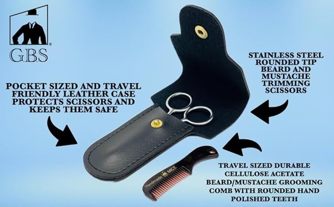 G.B.S Men's 3n1 Trimming, Cutting and Styling Beard Scissors, Stainless-steel Scissors for Beard, Mustache, Eyebrow, Nose Hair, Leather Travel Case and Beard and Mustache Comb