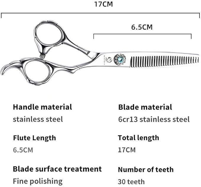 Professional Hair Thinning Scissors, 6.5CM Stainless Steel Blade, 17CM Total Length, 30 Teeth Texturizing Shears with Noise-Reducing Muffler and Safe Round Tip (V-tooth Scissors)