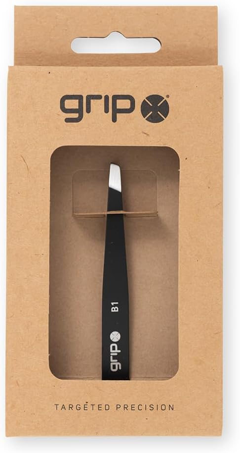 Grip Tweezer Slanted Tip Matte Black MB1 – Professional Stainless Steel Tweezers for Eyebrow Shaping and Precision Hair Removal – Non-Slip Finish for Control and Comfort