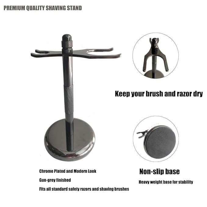 3 in1 Premium Shaving Brush Kit for Men Includes Vegan Badger Synthetic Hair Shaving Brush,Stainless Steel Shaving Soap Bowl,Heavy Safety Stand for Mens Gift (Deluxe Black)