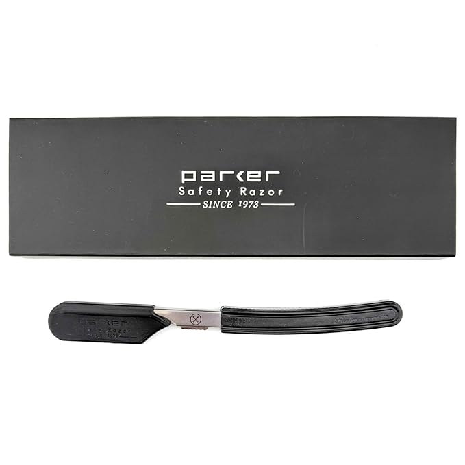 Parker Director Chrome Non-Folding Straight Barber Razor – Japanese-Style Shavette with Stainless Steel Arm, Ergonomic Black Handle & Blade Protector Cap – Ideal for Professionals - 5 Blades Included