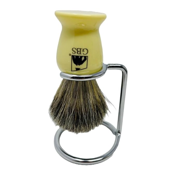 G.B.S Badger Bristle Faux Ivory Shaving Brush,Chrome Shave Brush Stand & Chrome Shaving Bowl, Shaving Soap with Shea Butter, use with any Soap Cream All Razors, Effortless Glide, Long Lasting
