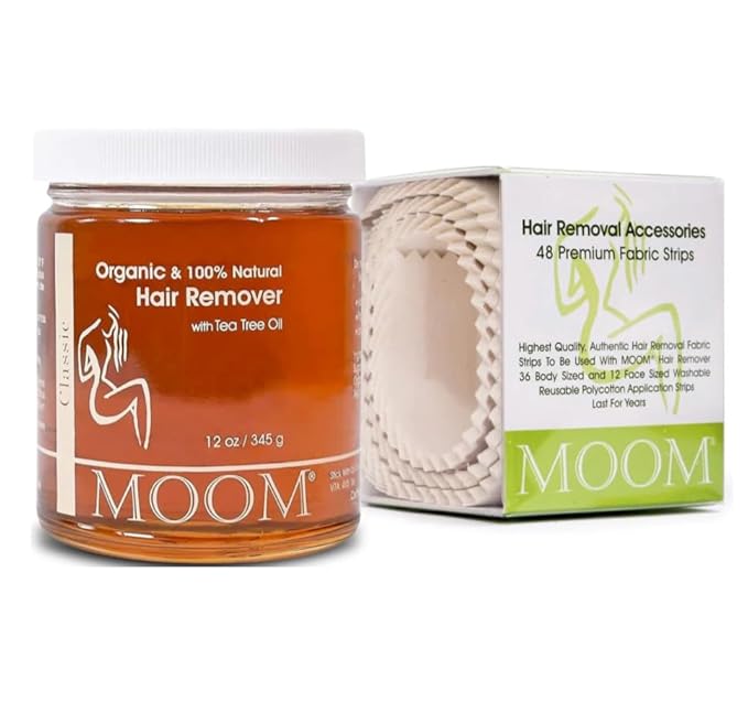 MOOM Organic Sugar Wax with Tea Tree Oil (12 oz) + 48 Reusable Polycotton Waxing Strips – Gentle Hair Removal Kit for Face, Bikini, Legs & Body – Natural & Vegan for Women & Men (Sticks NOT Included)