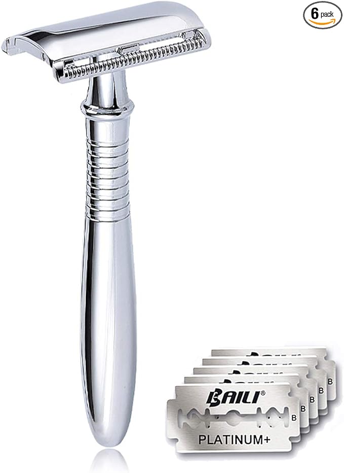 BAILI Classic 3-Piece Metal Double Edge Eco Safety Razor Long Handle Wet Shaving Kit for Men Women with 5 Platinum Blades BD191